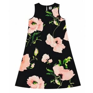 Anne Klein Womens Floral Trapeze Dress Black Pink Poppy Sleeveless Size 8